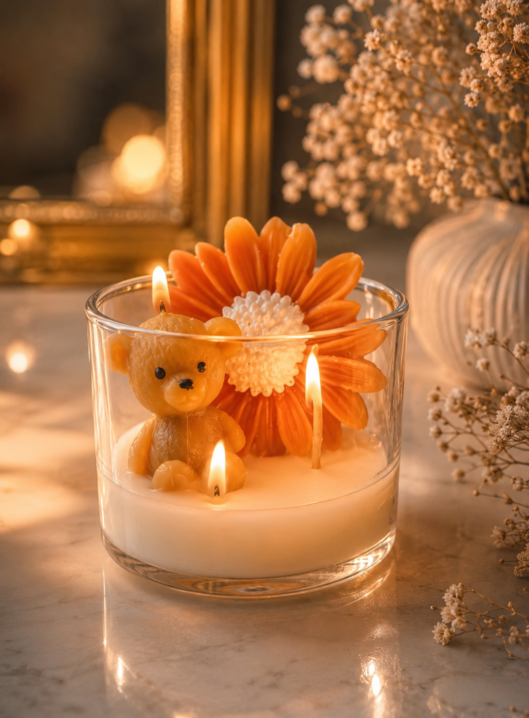 شمع شیشه ای تدی و بابونه عطری
